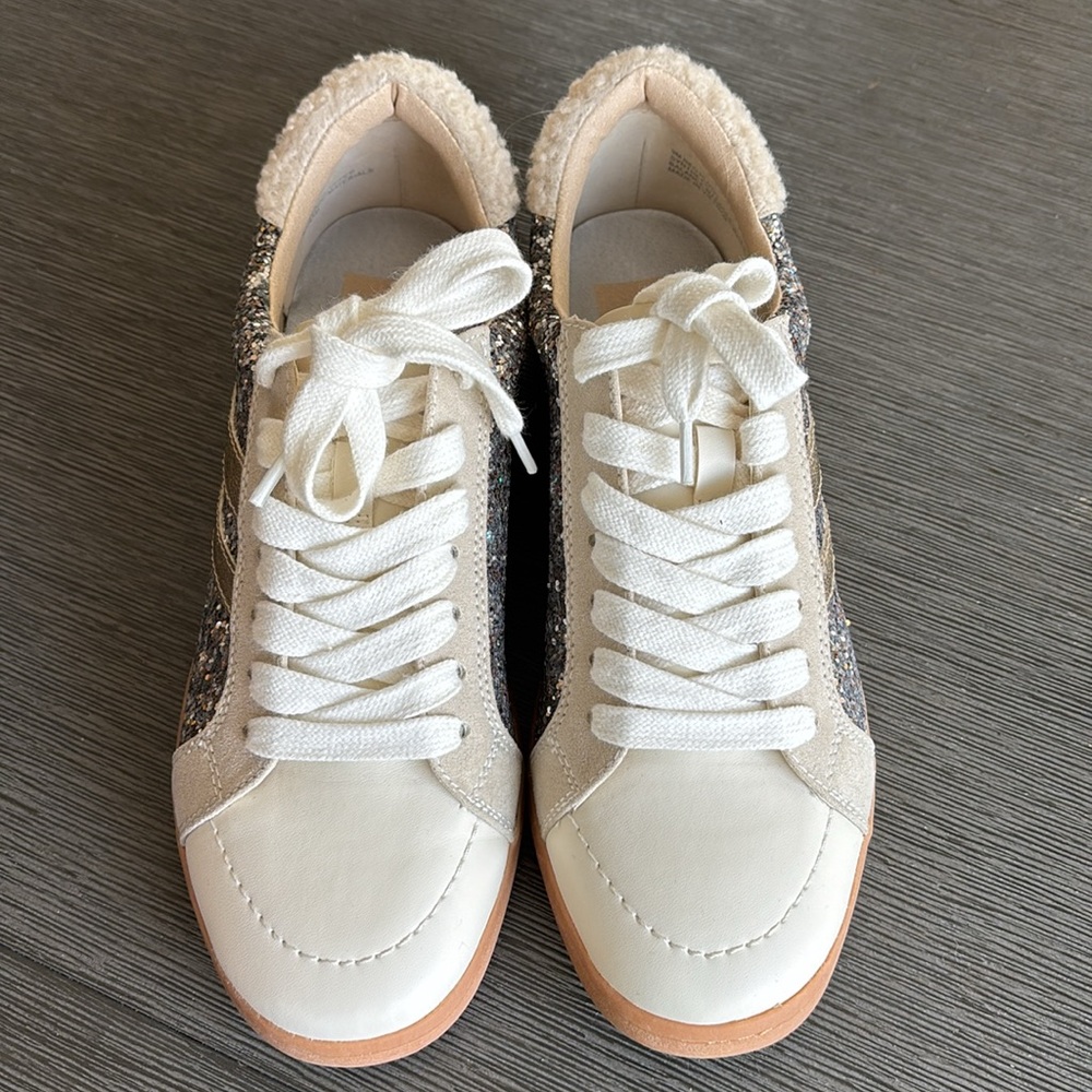 NWOB Dolce Vida Sneakers Glitter Faux Fur Cream Sz 9 but runs small